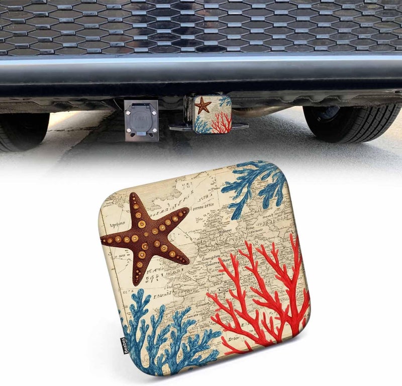 Beabes World Map Tow Trailer Hitch Cover Plug Insert, Tropical Reef Sealife Coral Starfish Retro Map Receiver Hitch Cover Tow Hitch Covers Compatible with Most Auto Cars Trucks for 2 Inch Receivers - Image 1